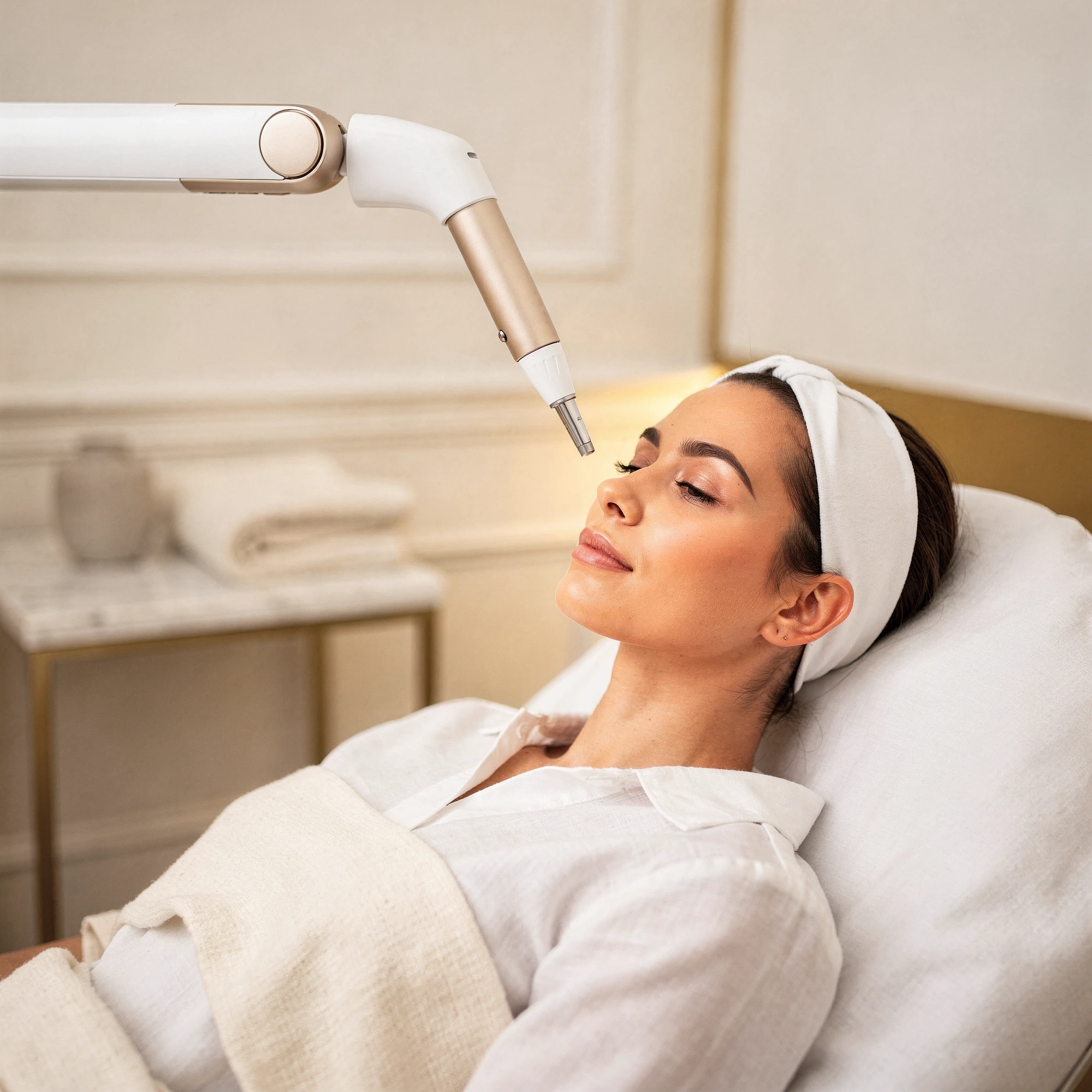 Patient receiving laser skin resurfacing treatment to the face in a clinical setting